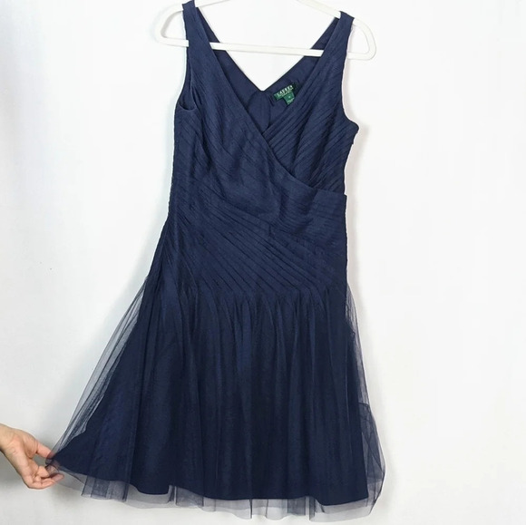 $250 LAUREN RALPH LAUREN Evening  Shirred Tulle Fit & Flare Sleeveless Dress 10 - Picture 8 of 12